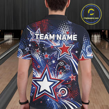 Load image into Gallery viewer, Back view of a male model in a bowling alley wearing a custom bowling polo shirt featuring red, white, and blue patriotic stars, halftone dots, and a grunge texture design.