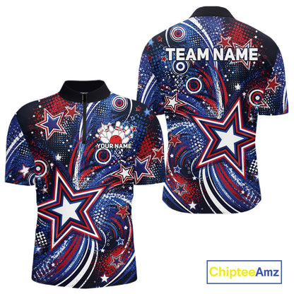 Front and back views of a custom quarter zip bowling shirt featuring red, white, and blue patriotic stars, halftone dots, and a grunge texture design.