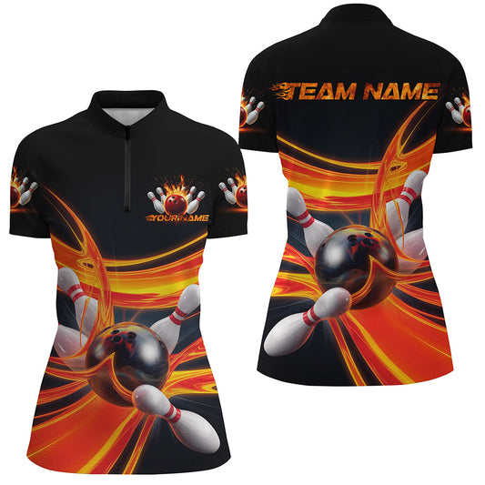 Customized Flame Bowling Quarter-Zip Shirts For Women, Flaming Bowling Team Shirt IPHW8045