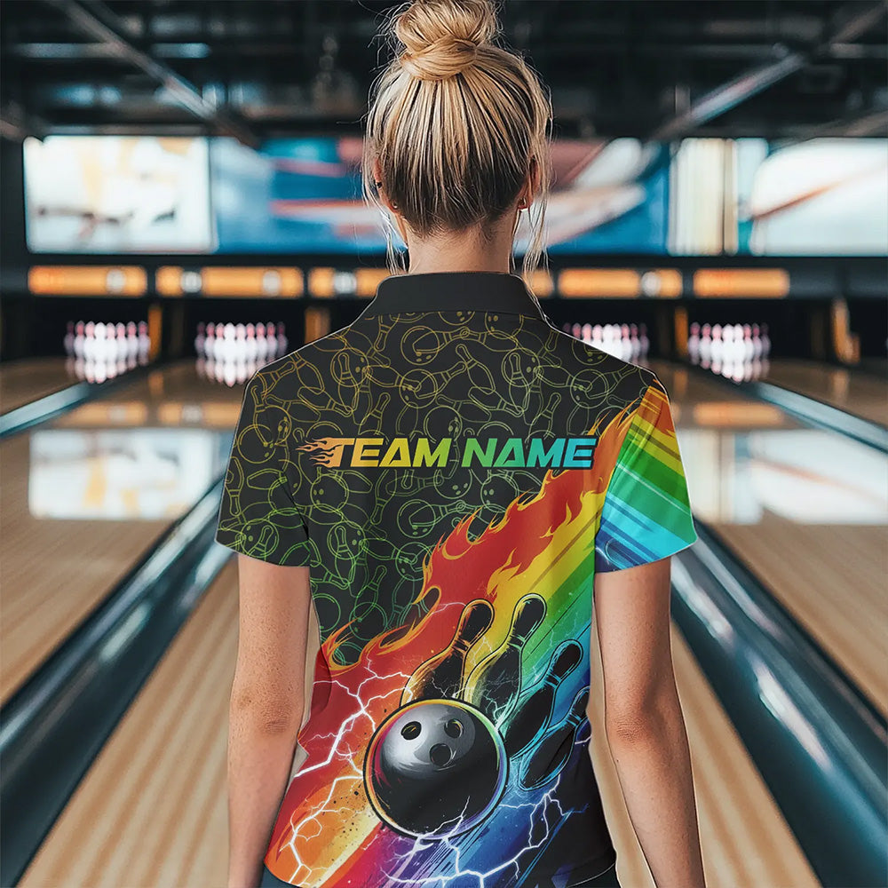 Custom Rainbow Flame Bowling Team Polo Shirts For Women, Colorful Bowling League Shirt IPHW8785