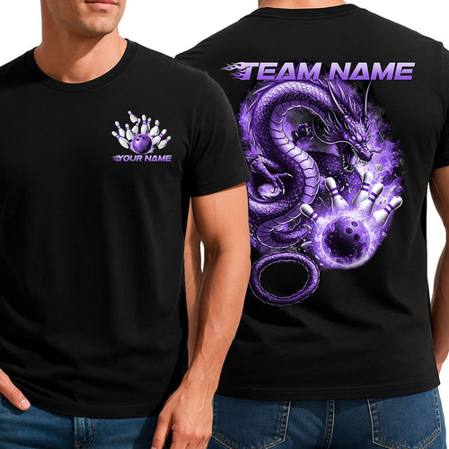 Custom Flame Dragon Bowling T-Shirts For Men, Purple Fire Bowling Ball Style IPHW9065