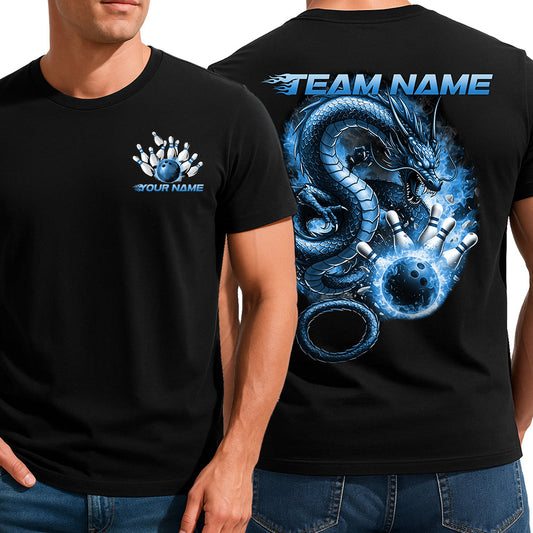 Custom Flame Dragon Bowling T-Shirts For Men, Blue Fire Bowling Ball Theme IPHW9066