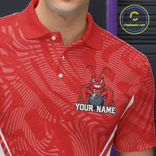 Load image into Gallery viewer, Close-up front view of the left chest area on a red custom bowling polo shirt featuring a funny aggressive crawfish holding a bowling ball in a sportswear-style design.