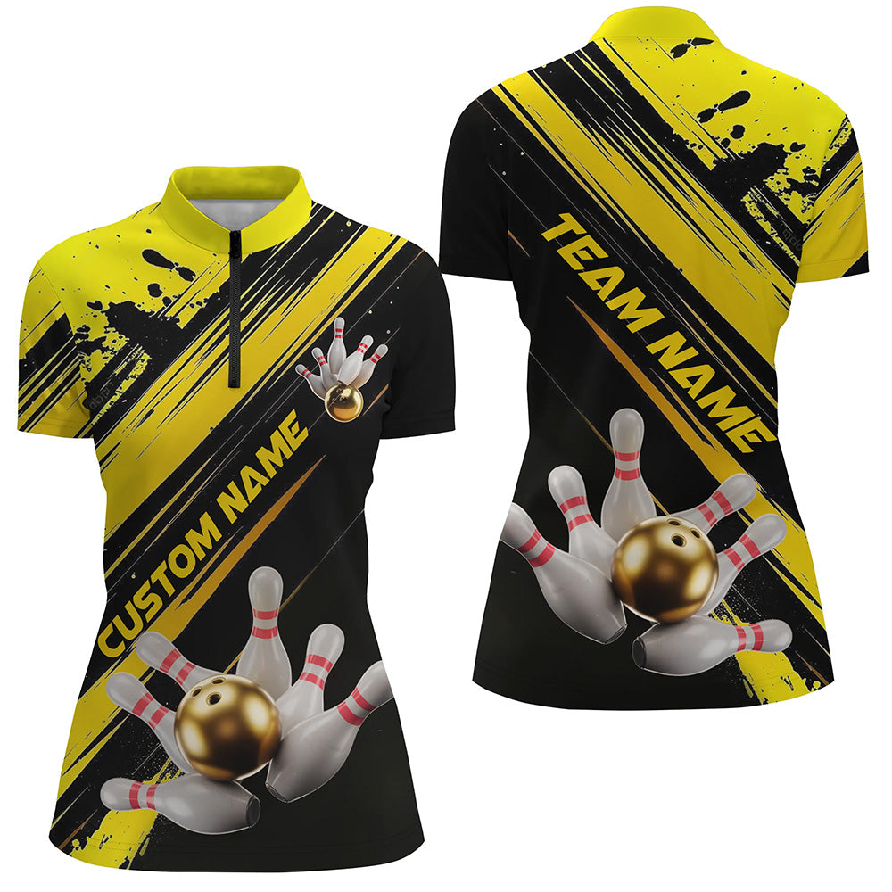 Black And Gold Custom Bowling Shirts For Women, Custom Bowling Uniforms Outfit Bowling IPHW7337