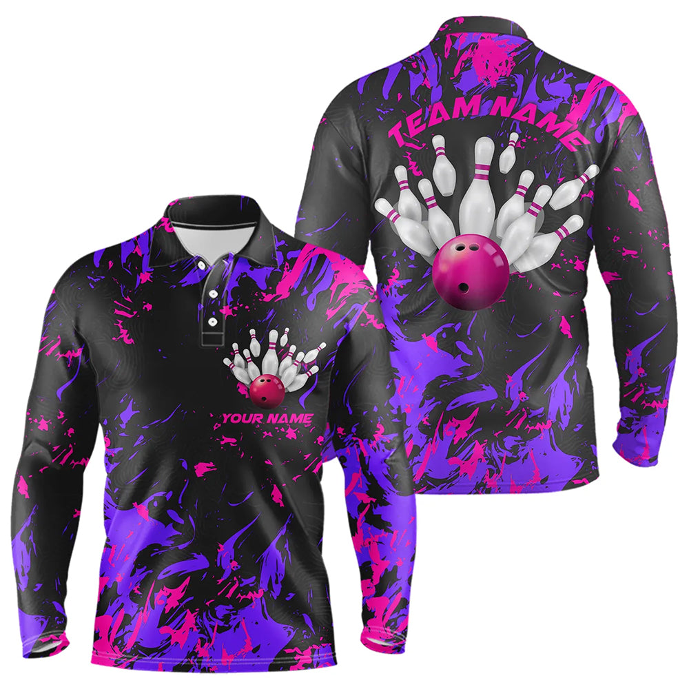 Purple And Pink Camo Bowling Team Shirts Custom Men Long Sleeve Polo Shirts Bowling League Shirts IPHW5365