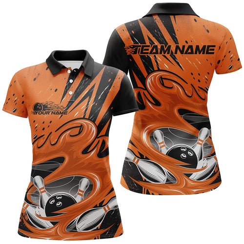 Black And Orange Custom Flame Bowling League Shirts, Bowler Polo Shirts For Women IPHW8065