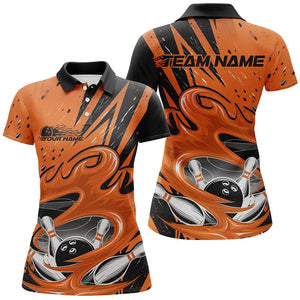 Black And Orange Custom Flame Bowling League Shirts, Bowler Polo Shirts For Women IPHW8065