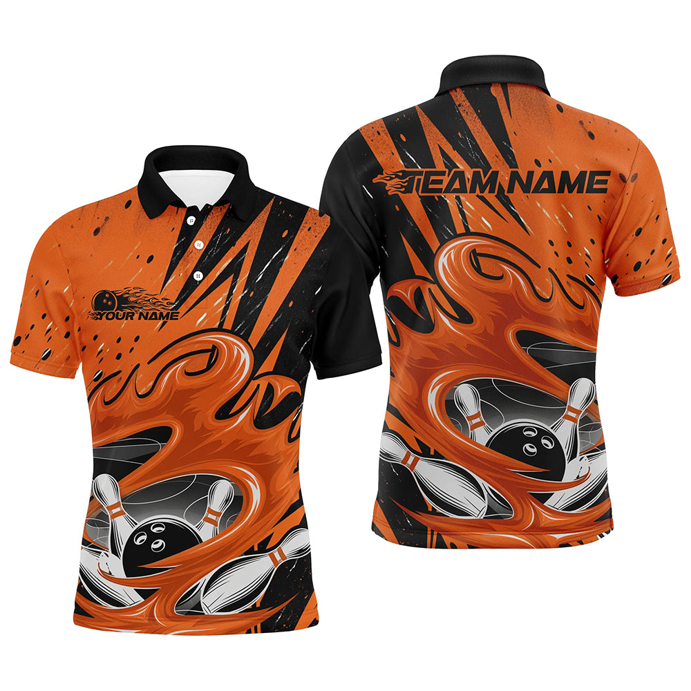 Black And Orange Custom Flame Bowling League Shirts, Bowler Polo Shirts For Men IPHW8065