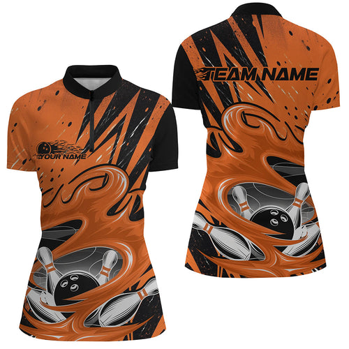 Black And Orange Custom Flame Bowling League Shirts, Bowler Quarter-Zip Shirts For Women IPHW8065