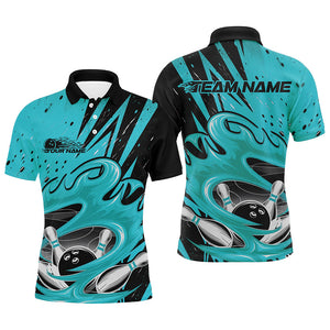 Black And Blue Custom Flame Bowling League Shirts, Bowler Polo Shirts For Men IPHW8066