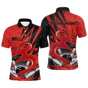 Black And Red Custom Flame Bowling League Shirts, Bowler Polo Shirts For Men IPHW8067