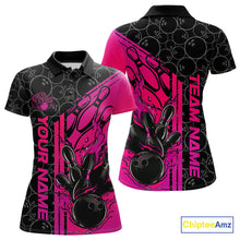 Load image into Gallery viewer, Custom Black And Pink Purple Flame Bowling Polo Shirts For Women, Bowling Pattern Shirt IPHW9272