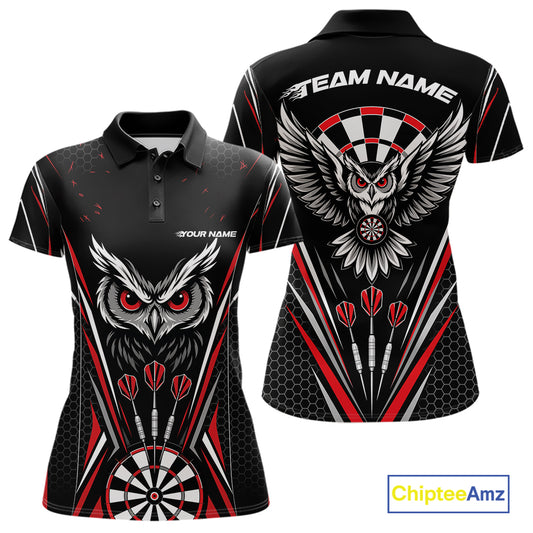 Custom Black And Red Owl Darts Polo Shirts For Women, Darts Team Jerseys IPHW11722