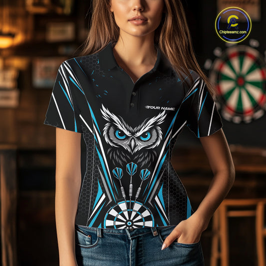 Custom Black And Blue Owl Darts Polo Shirts For Women, Darts Team Jerseys IPHW11723
