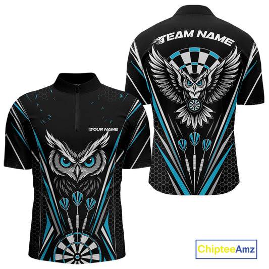Custom Black And Blue Owl Darts Quarter Zip Shirts For Men, Darts Team Jerseys IPHW11723