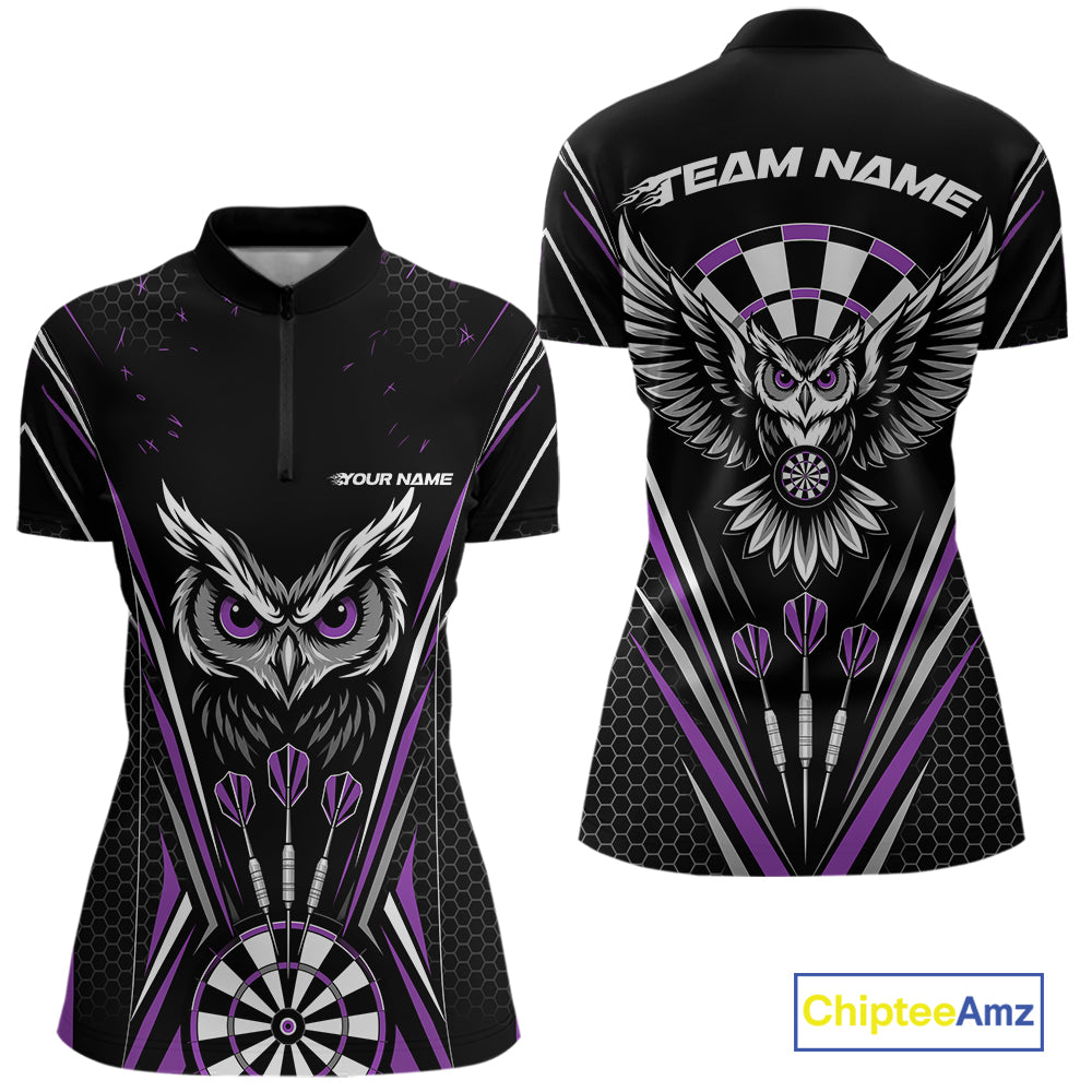 Custom Black And Purple Owl Darts Quarter-Zip Shirts For Women, Darts Team Jerseys IPHW11724