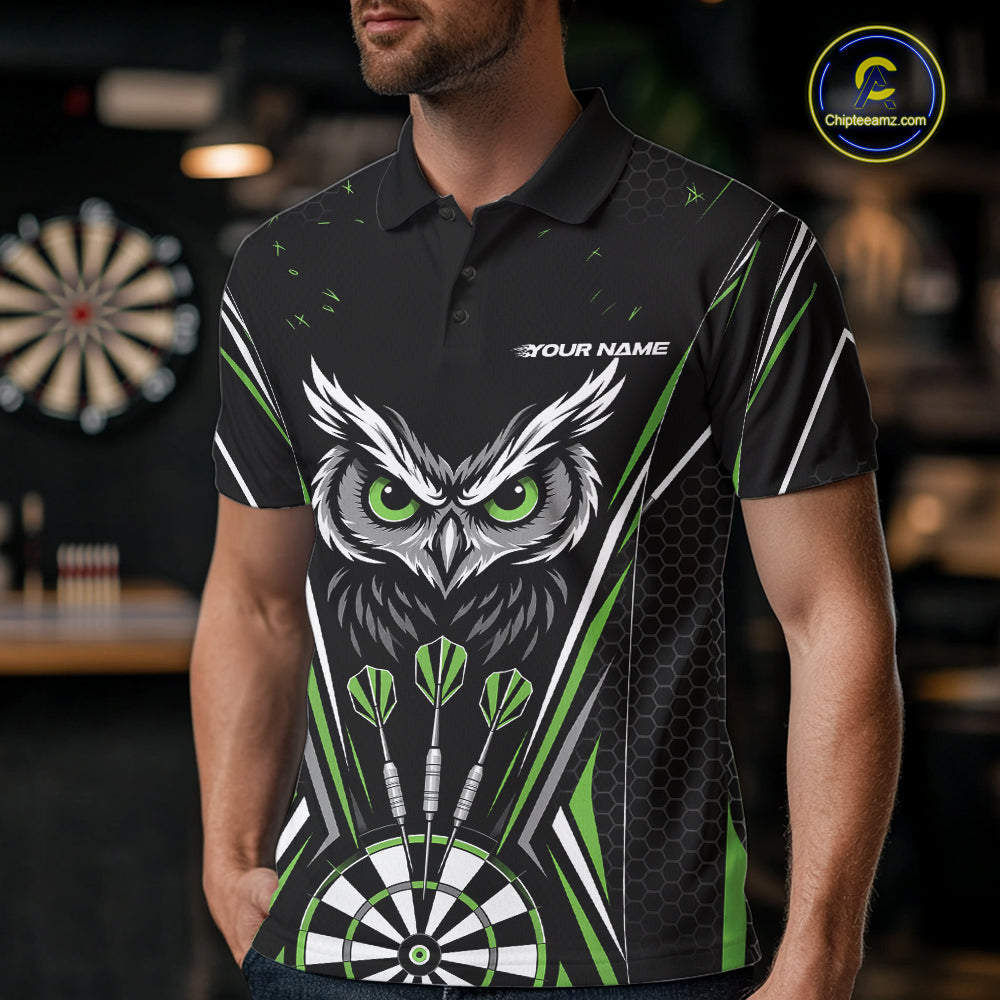 Custom Black And Green Owl Darts Polo Shirts For Men, Darts Team Jerseys IPHW11725