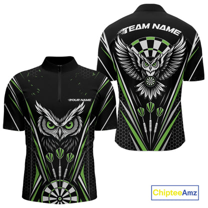 Custom Black And Green Owl Darts Quarter Zip Shirts For Men, Darts Team Jerseys IPHW11725