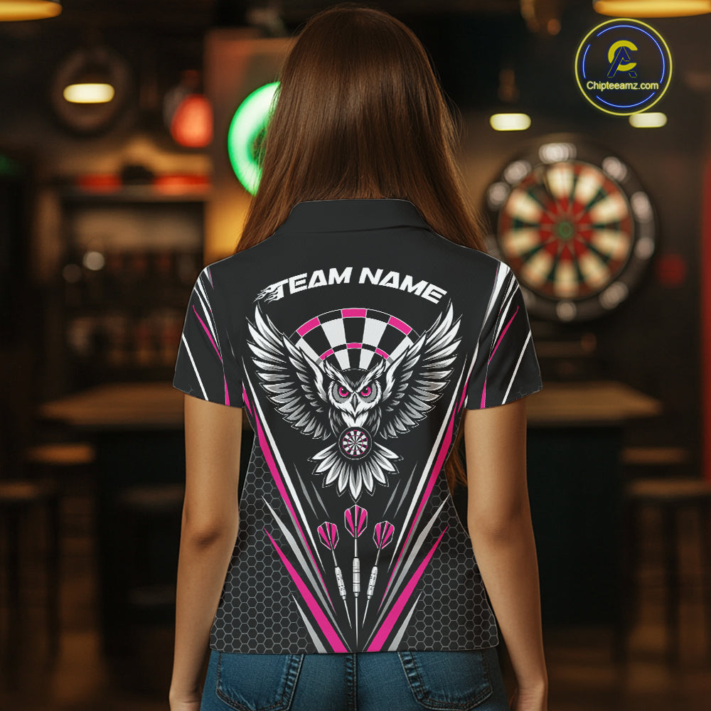 Custom Black And Pink Owl Darts Polo Shirts For Women, Darts Team Jerseys IPHW11726