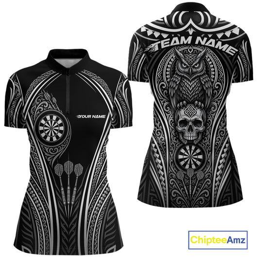 Custom Black And White Tribal Owl And Skull Halloween Darts Women Quarter-Zip Shirt IPHW11728