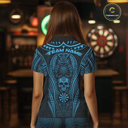 Custom Black And Blue Tribal Owl And Skull Darts Women Polo Shirt, Halloween Darts Outfit IPHW11729