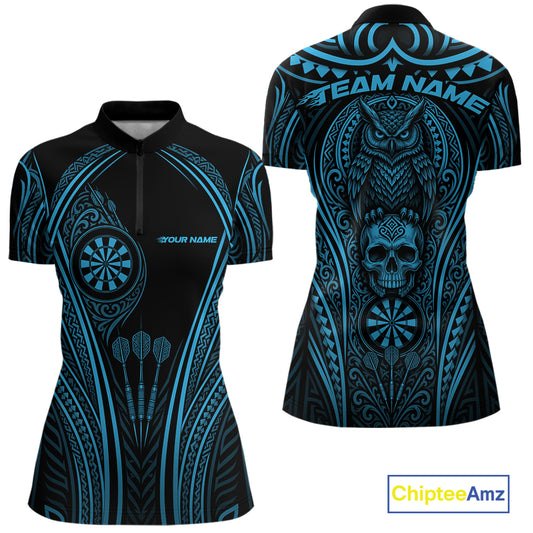 Custom Black And Blue Tribal Owl And Skull Halloween Darts Women Quarter-Zip Shirt IPHW11729
