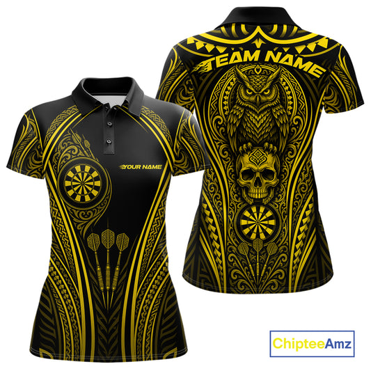 Custom Black And Yellow Tribal Owl And Skull Darts Women Polo Shirt, Halloween Darts Outfit IPHW11730