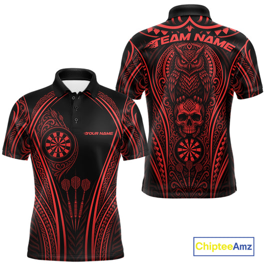 Custom Black And Red Tribal Owl And Skull Darts Men Polo Shirt, Halloween Darts Outfit IPHW11731