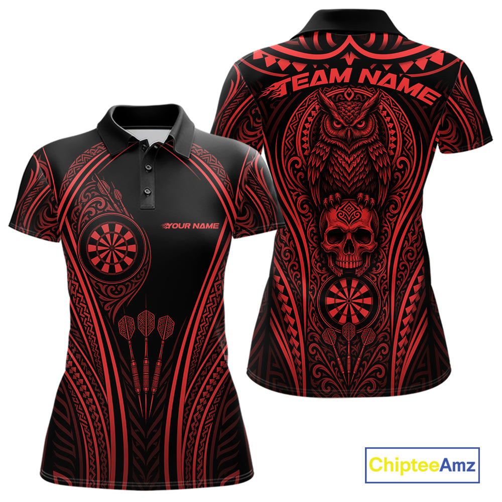 Custom Black And Red Tribal Owl And Skull Darts Women Polo Shirt, Halloween Darts Outfit IPHW11731