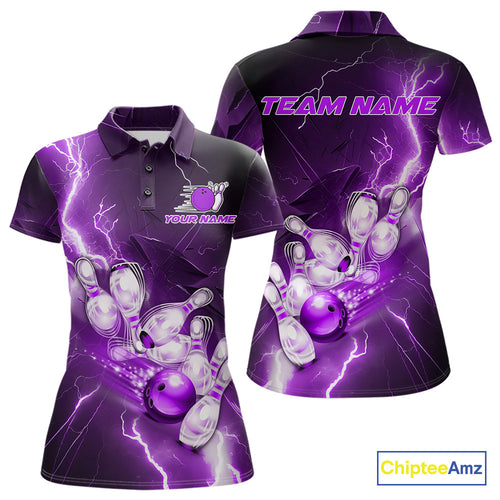 Custom Purple Thunder Lightning Bowling Polo Shirts For Women, Bowling League Shirt IPHW9793