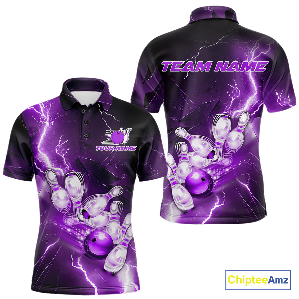 Custom Purple Thunder Lightning Bowling Polo Shirts For Men, Bowling League Shirt IPHW9793