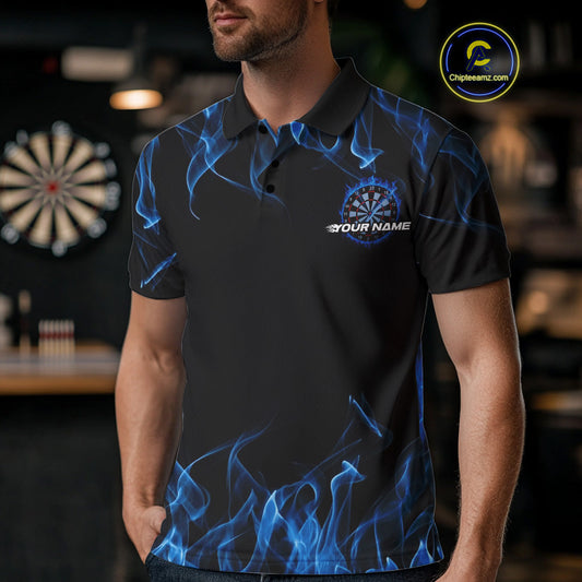 Custom Black And Blue Flame Dartboard Dart Polo Shirts For Men, Dart Players Outfits IPHW9962