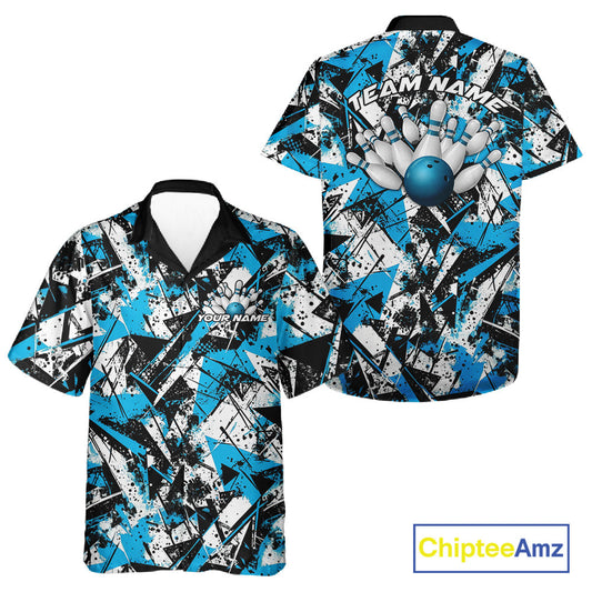 Custom Graffity Blue Camo Bowling Team Men And Women Hawaiian Shirts, Camouflage Bowling Jerseys IPHW10215