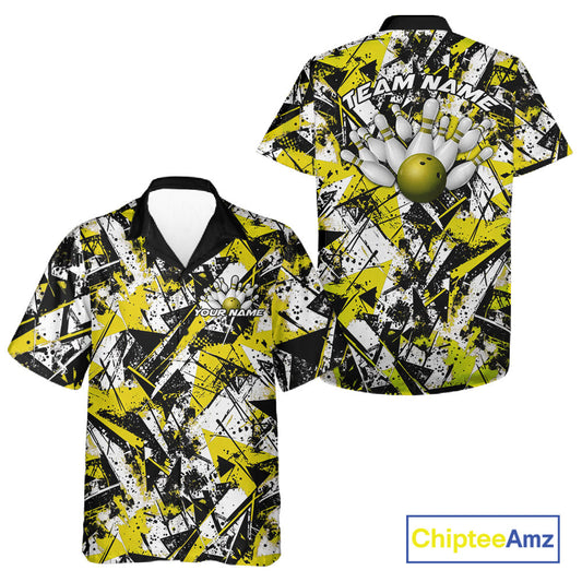 Custom Graffity Yellow Camo Bowling Team Men And Women Hawaiian Shirts, Camouflage Bowling Jerseys IPHW10217