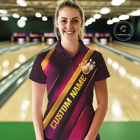 Custom Pink And Gold Bowling Tournament Shirts For Women With Name, Bowler Outfit IPHW10646