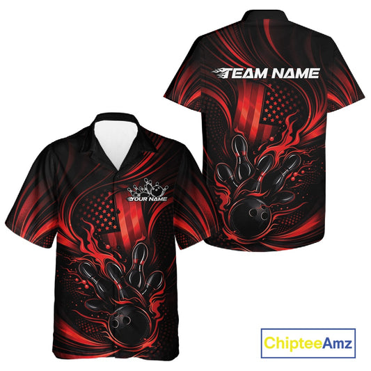Front and back view of a black and red button-up bowling shirt featuring patriotic flames and a bowling ball striking pins in American flag style.