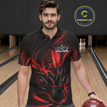Load image into Gallery viewer, Male model wearing a black and red bowling polo shirt at a bowling lane with fiery bowling strike artwork and patriotic accents.