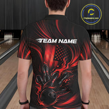 Load image into Gallery viewer, Front view of a male model in a bowling alley wearing a black and red polo featuring a flaming bowling ball and pin strike design.