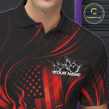 Load image into Gallery viewer, Back view of a male model in a bowling center wearing a black and red polo showcasing patriotic bowling graphics and flame effects.
