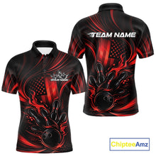 Load image into Gallery viewer, Front and back view of a black and red men’s bowling polo shirt featuring flames around a bowling ball striking pins with patriotic American flag bowling style.