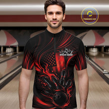 Load image into Gallery viewer, Male model at a bowling lane wearing a black and red bowling quarter-zip shirt with patriotic bowling strike graphics and bold flame details.
