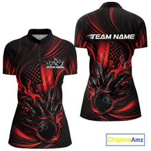 Load image into Gallery viewer, Front and back view of a black and red women’s bowling quarter-zip shirt featuring a patriotic flaming bowling ball striking pins with distressed American flag artwork.