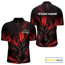 Load image into Gallery viewer, Front and back mockup of a black and red mens bowling quarter-zip shirt featuring patriotic flames around a bowling ball striking pins with distressed American flag artwork.