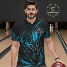Load image into Gallery viewer, Male model at a bowling lane wearing a black and turquoise blue polo shirt with patriotic bowling strike graphics and flame accents.
