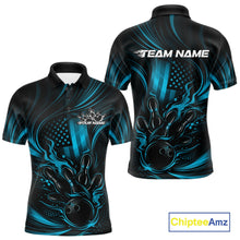 Load image into Gallery viewer, Front and back view of a black and turquoise blue men’s bowling polo shirt featuring patriotic flames and a bowling ball striking pins with distressed American flag design.