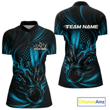Load image into Gallery viewer, Front and back view of a black and turquoise blue women’s bowling quarter-zip shirt featuring a patriotic flaming bowling ball striking pins with distressed flag graphics.