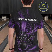 Load image into Gallery viewer, Back view of a male model in a bowling alley wearing a black and purple polo featuring patriotic bowling action artwork.