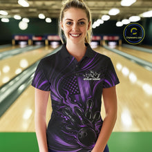 Load image into Gallery viewer, Female model at a bowling lane wearing a black and purple bowling polo shirt with patriotic bowling-themed graphics and fiery accents.