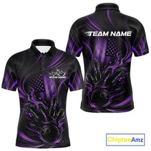 Load image into Gallery viewer, Front and back view of a black and purple men’s bowling polo shirt featuring patriotic flames around a bowling ball striking pins with distressed American flag theme.