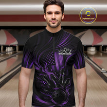 Load image into Gallery viewer, Male model in a bowling alley wearing a black and purple bowling quarter-zip shirt featuring patriotic bowling-themed graphics and flame effects.